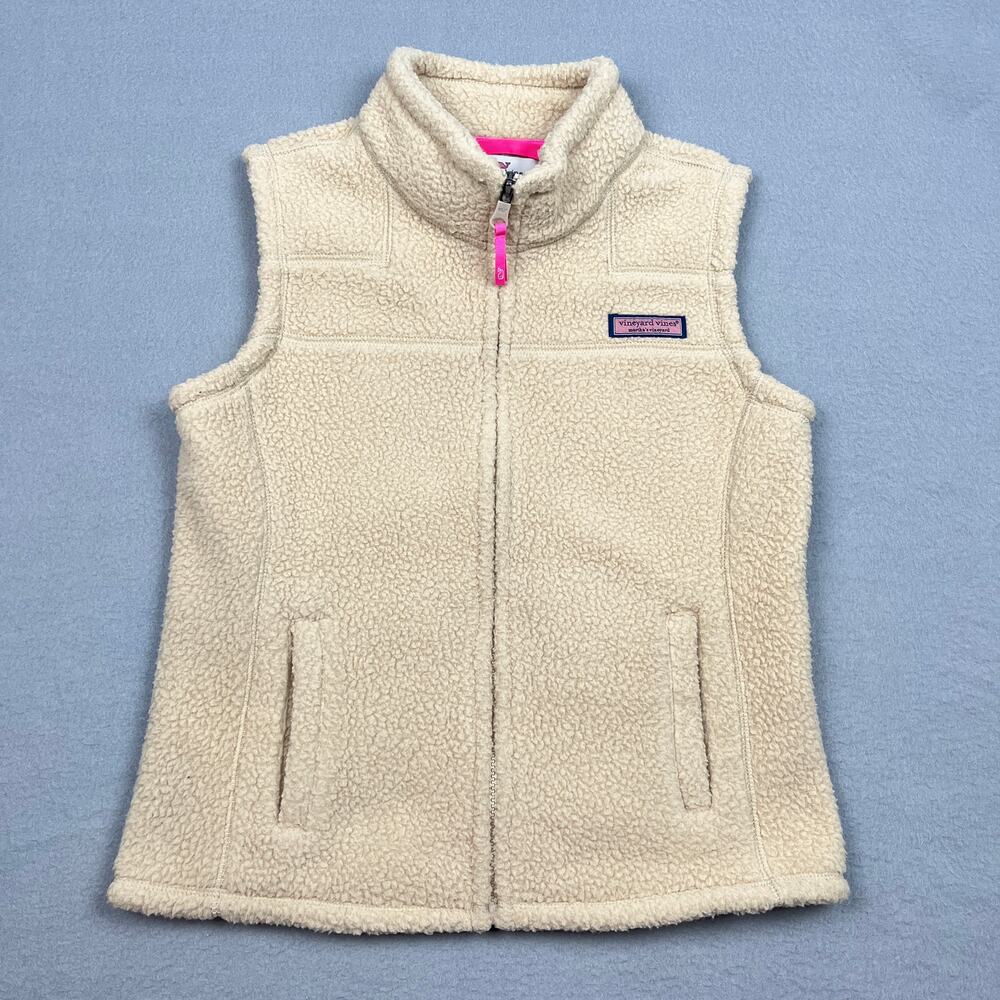 Vineyard Vines Girls Harbor Sherpa Fleece Vest Cream Pink Full Zip Kids M
